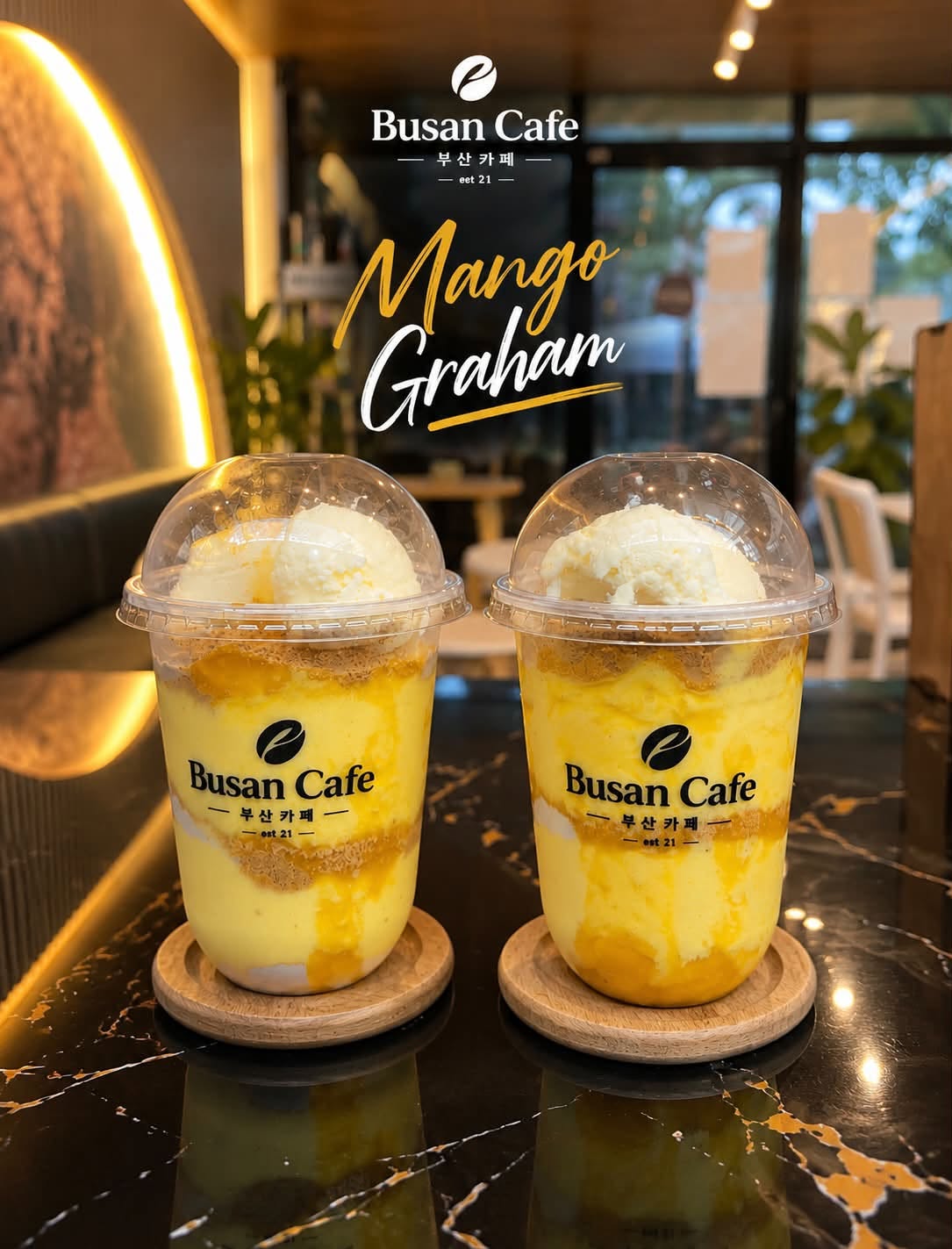 Two Mango Graham signature drinks topped with ice cream