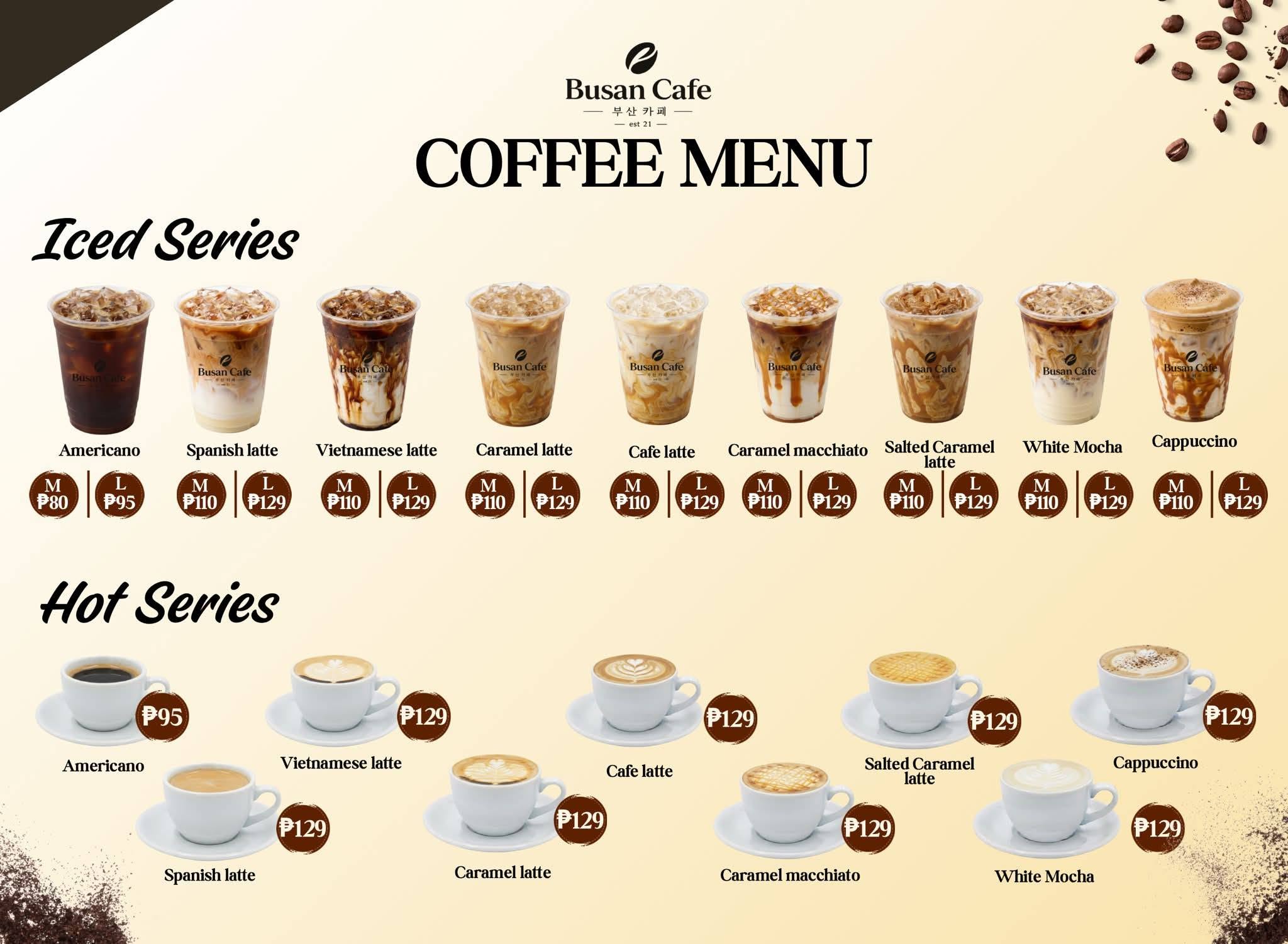 Coffee menu featuring iced lattes and hot coffee