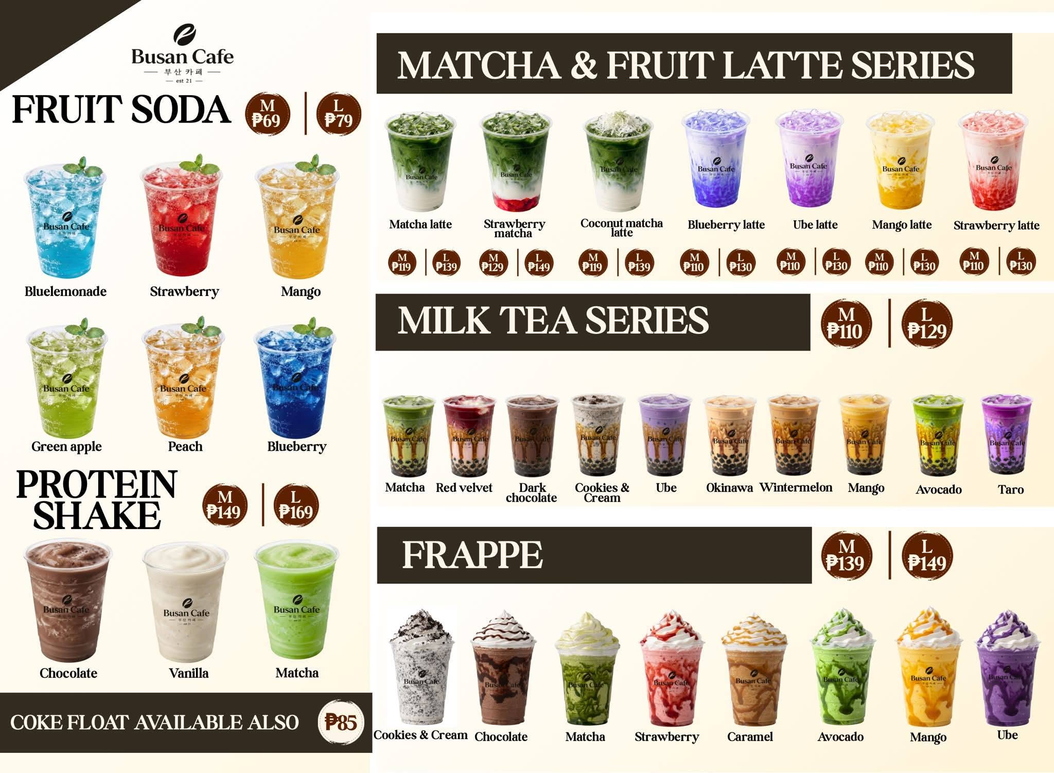 Matcha, fruit latte, milk tea, and frappe menu selections