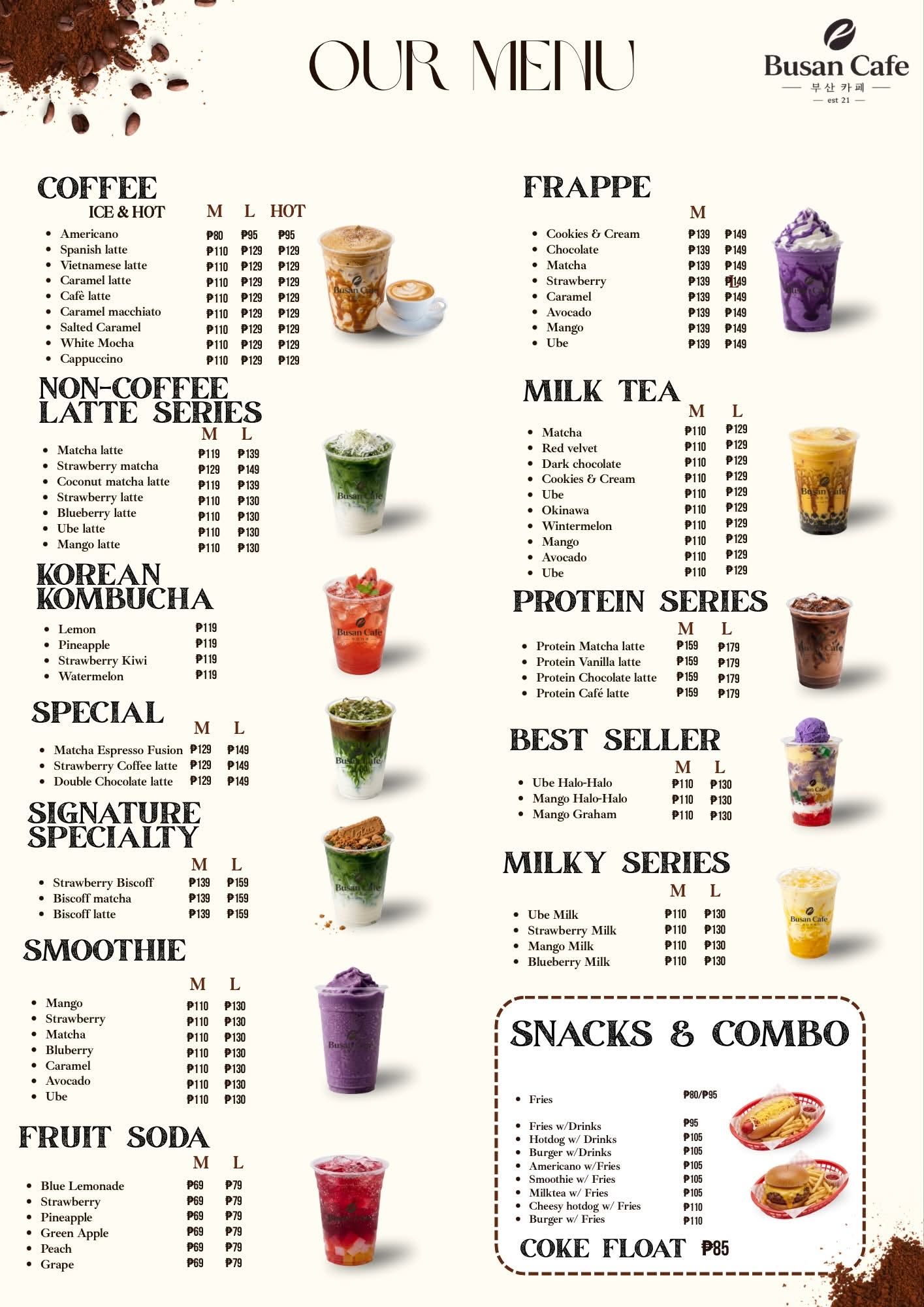Busan Cafe full menu with coffee, frappe, milk tea, and snack prices